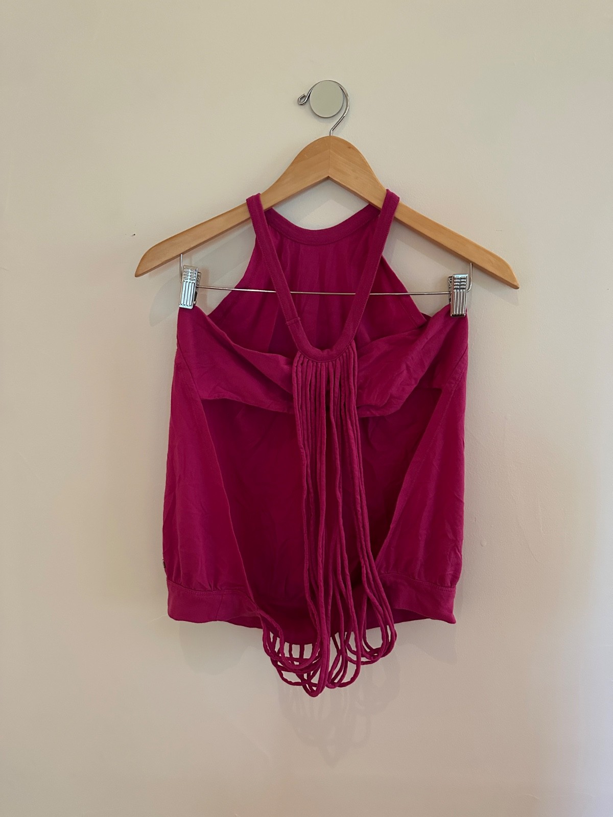 Fabletics Magenta Open Back Macrame Fringe Tank Top Women’s L Cotton Blend