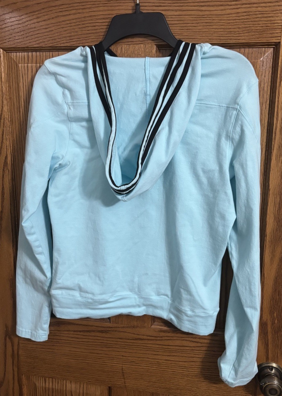 adidas Womens Stretchy Athletic Pullover. 3 Black Strip, Aqua, Hooded, MEDIUM