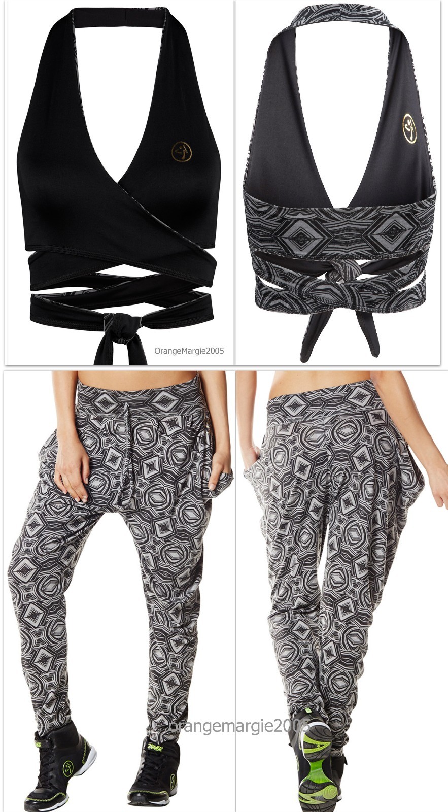 ZUMBA 2 PIECE Aztec “Wrap Me Up” Reversible Bra Top & Harem Hip Hop Pant -RARE!