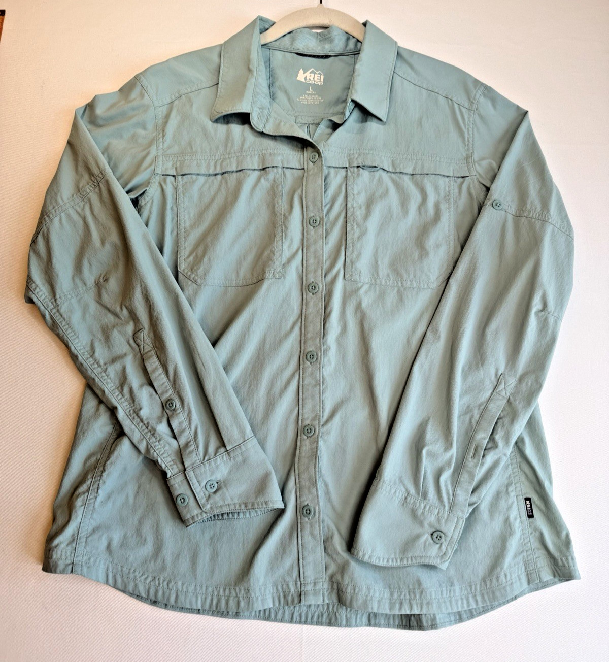 REI Co-op Women’s L Trail Shirt Green Long Sleeve Hiking Fishing UPF Stretch