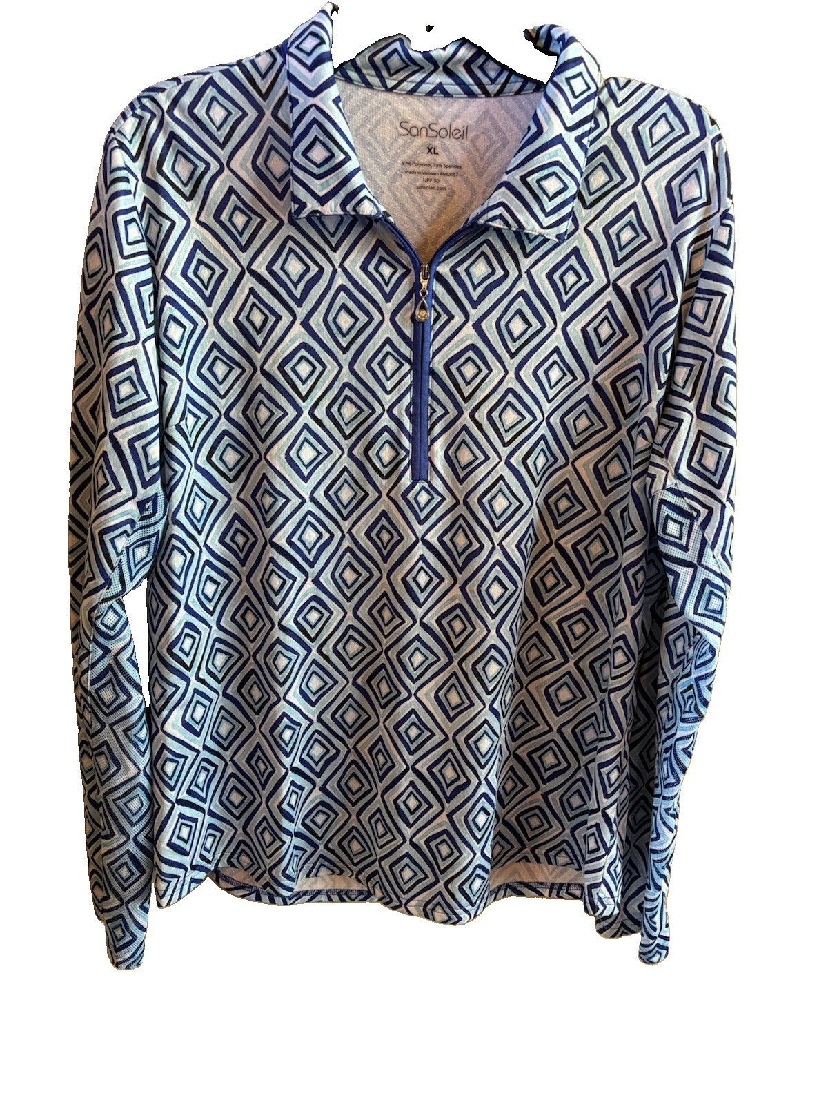 San Soleil Women’s Long Sleeve Golf Top 1/4 Zip Blue Geometric UPF 50 Sz XL