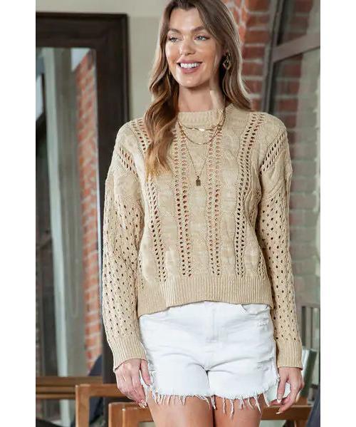 Full Size Openwork Cable-Knit Round Neck Knit Top-