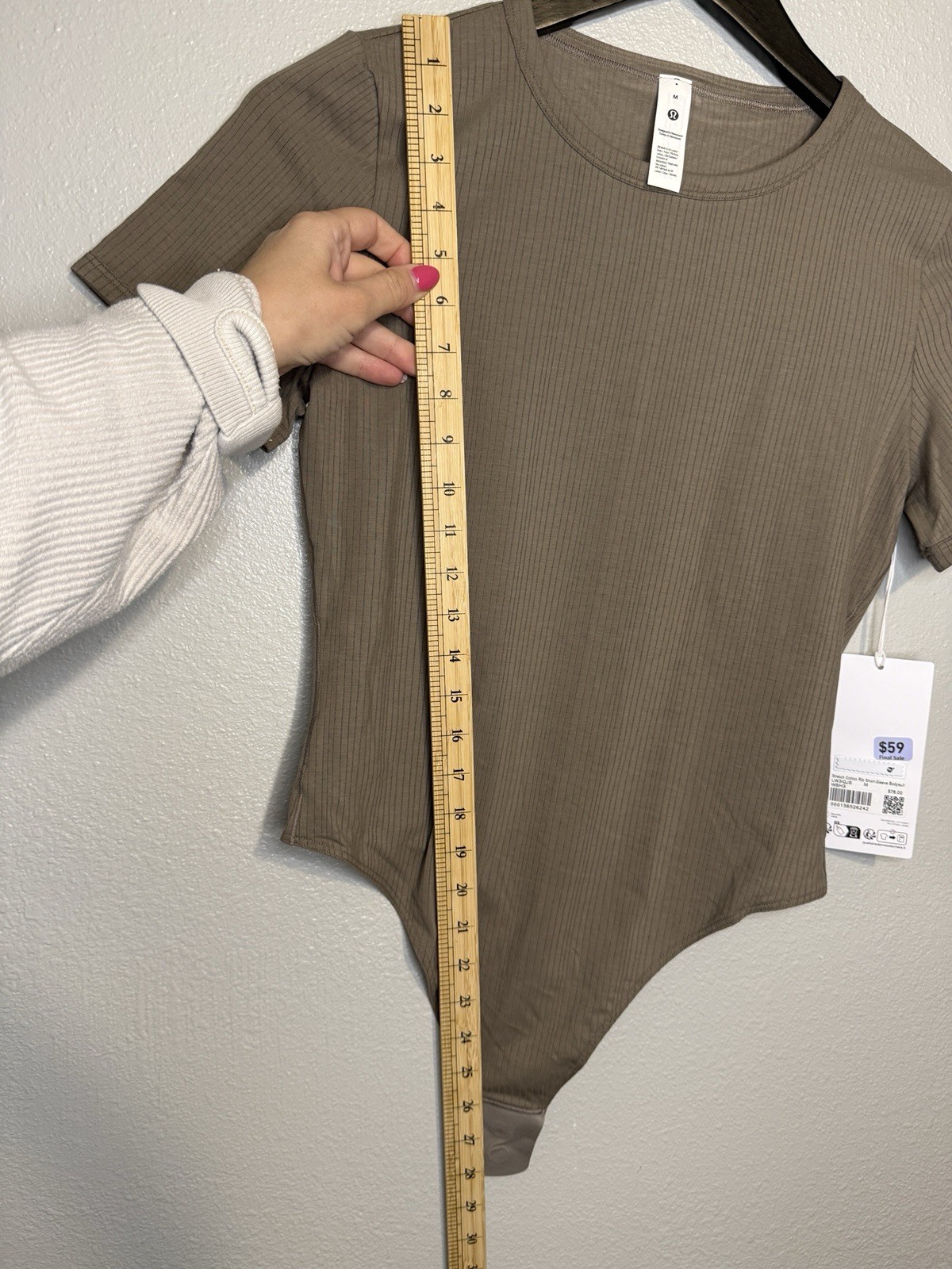 NWT Lululemon Taupe Stretch Cotton Rib Crewneck SS Bodysuit Thong Size Medium