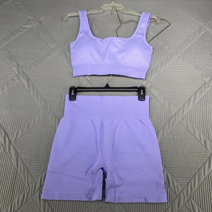 OQQ Women’s Purple Ribbed Short Sleeve Crop Top, Shorts Set 2pc Size L