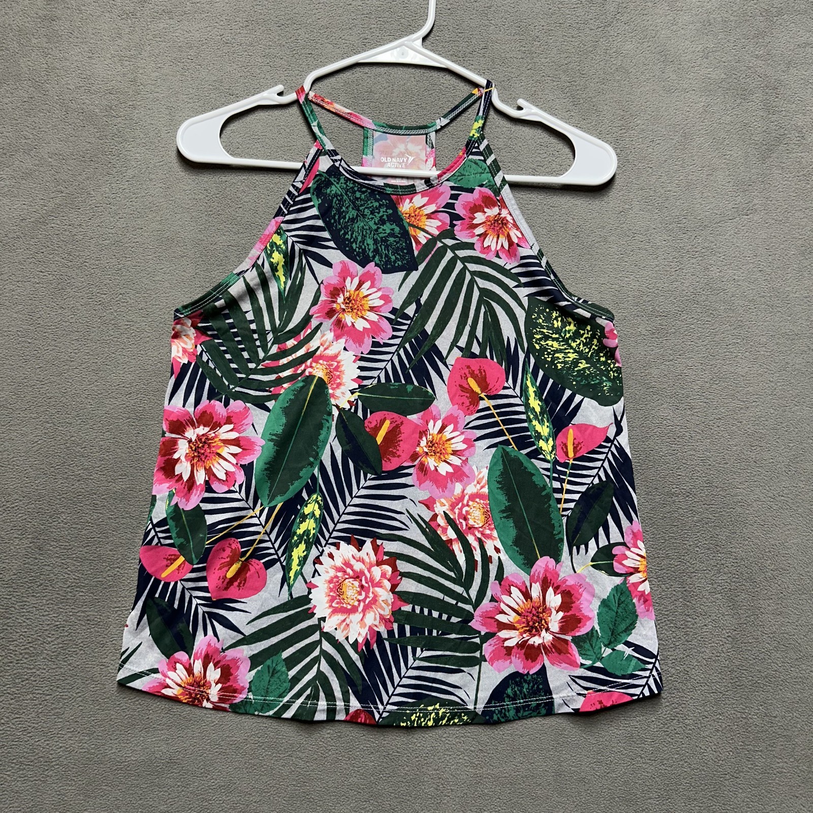 Old Navy Active Tank Top Womens S Gray/Pink/Green Floral Print Go-Dry Tropical
