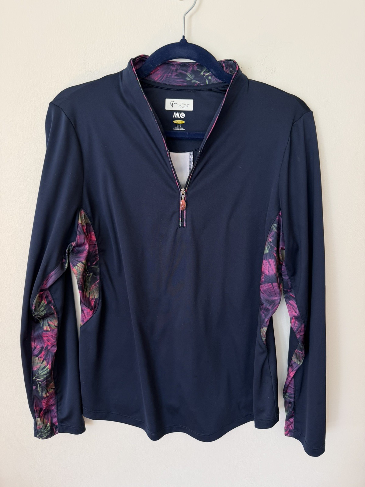 Greg Norman Play Dry Golf Pullover Womens Large Long Sleeve 1/4 Zip Navy Floral