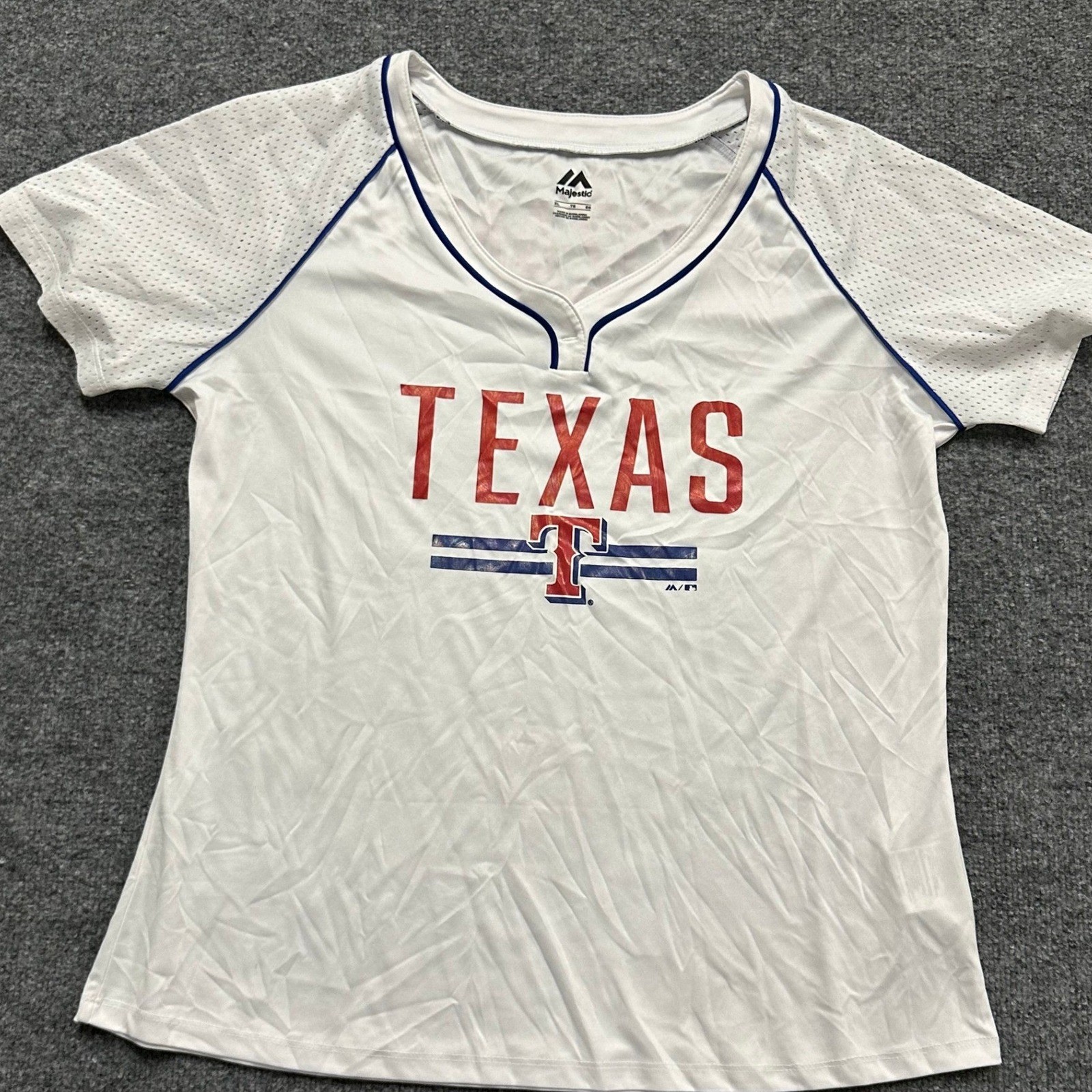 Majestic Shirt Womens XL White Texas Rangers Lozano V-Neck Mesh Sleeve Athletic