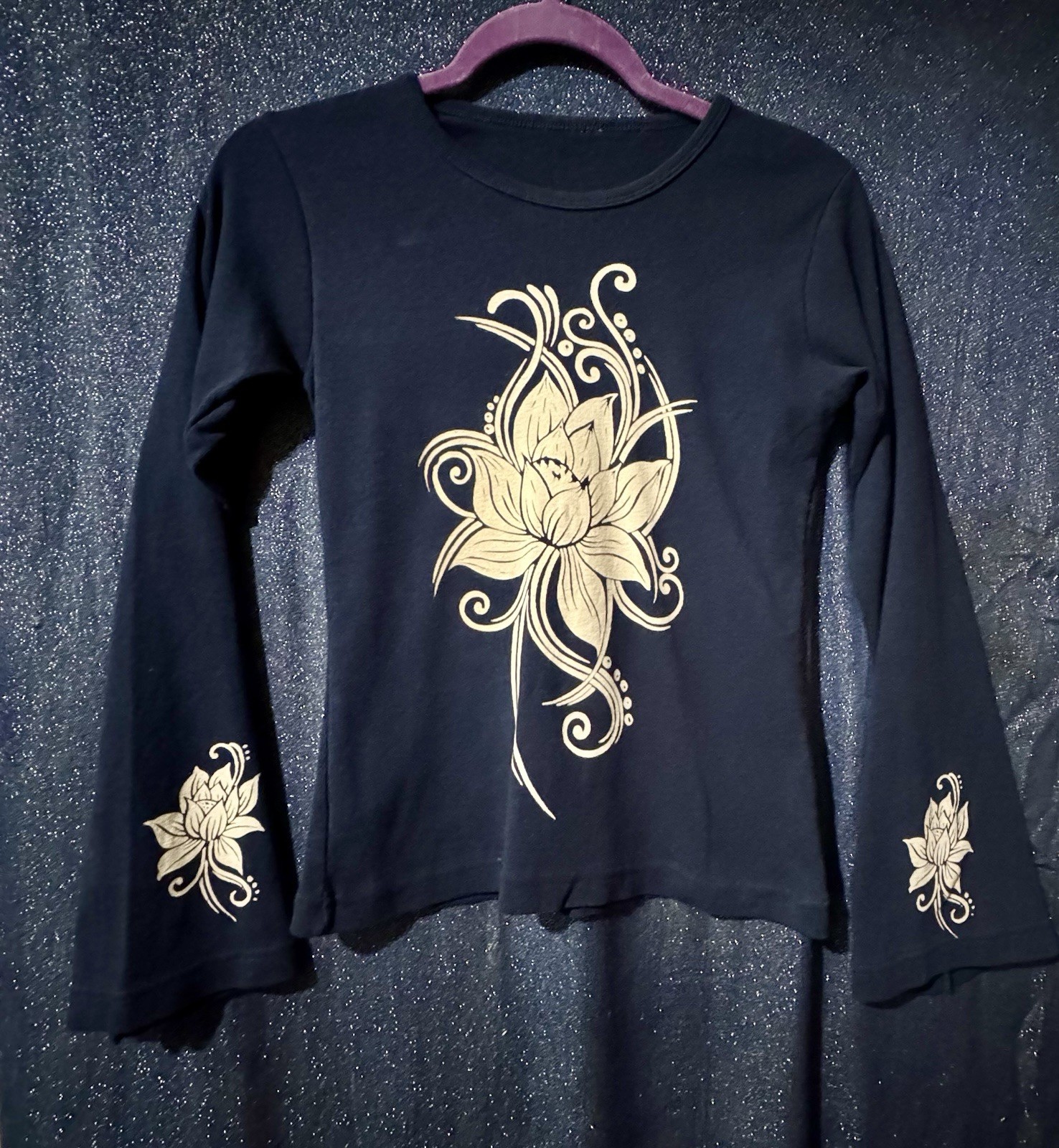 Dark Navy Blue Lotus Flower Long Bell Sleeve Yoga Top Shirt Tunic Ladies Small