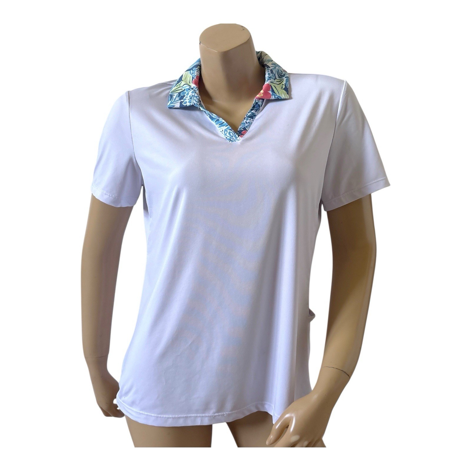 Coral Bay Golf Polo Shirt Womens M White Floral Collar Stretch Side Pocket Top