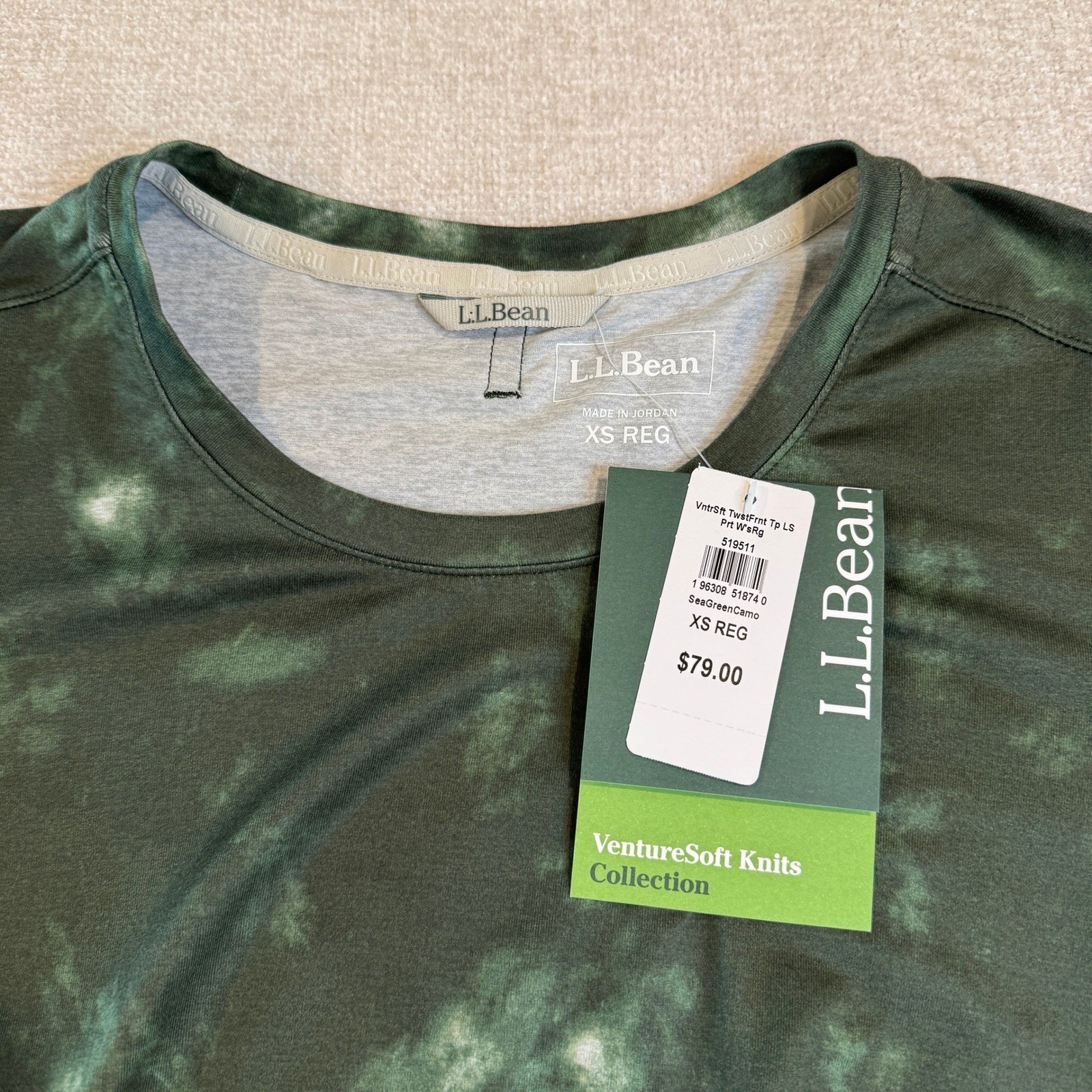 LL Bean VentureSoft Twist Front Long Sleeve Shirt Sea Green Camo XS NWT 519511