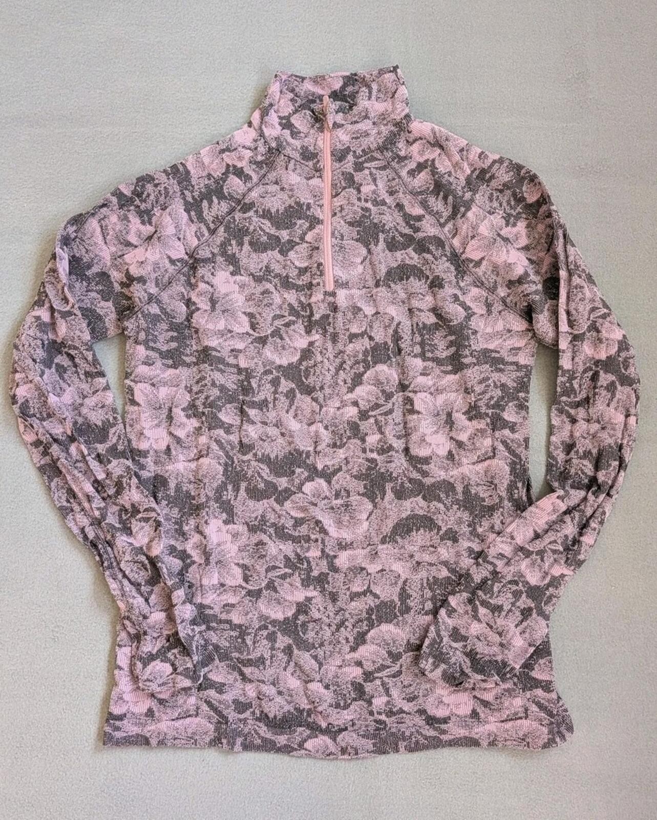 Athleta Pullover Top Womens M Pink Floral Mock Neck 1/4 Zip Thumbholes Knit