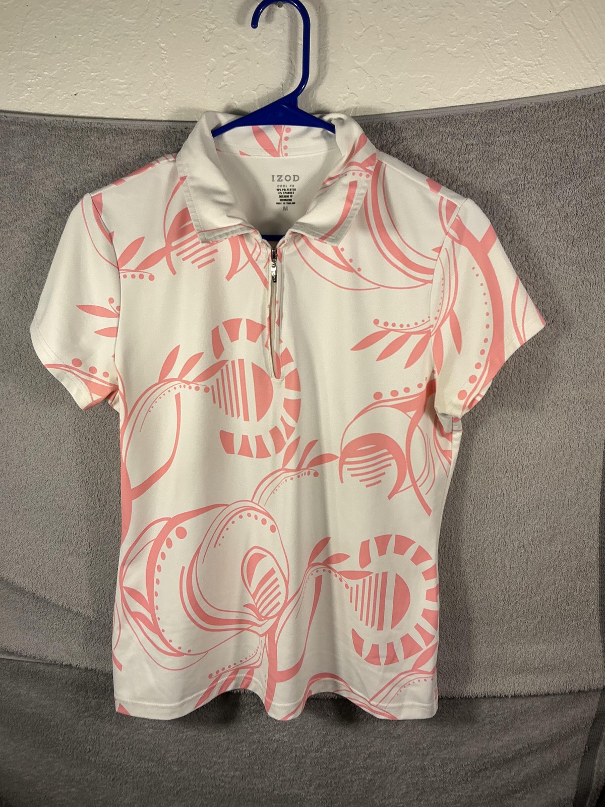 IZOD Cool FX Golf Polo Shirt Womens Medium White Pink Floral Zip Short Sleeve