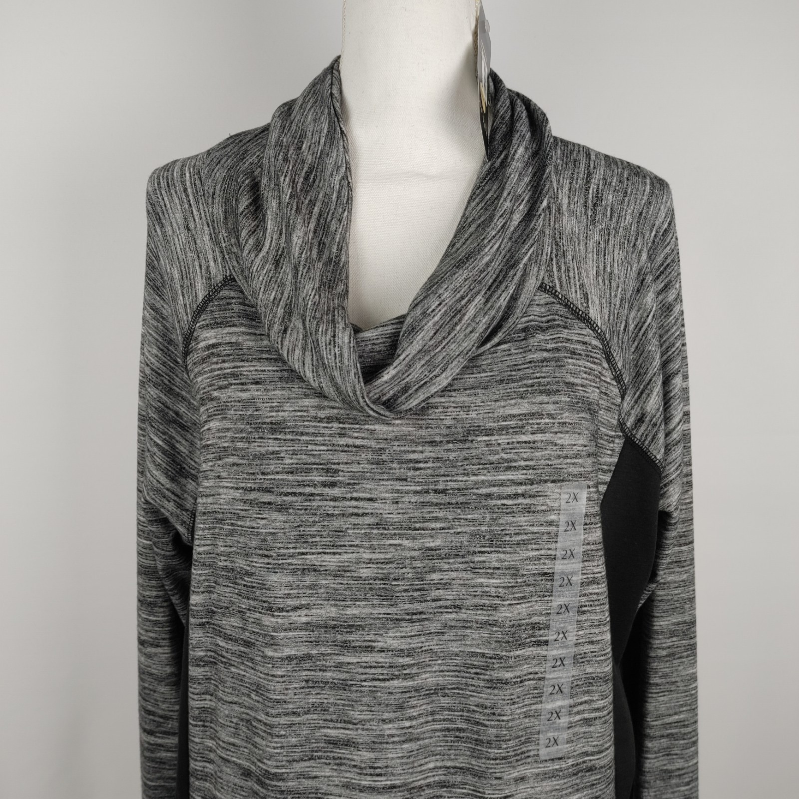 Jones New York Sport Cowl Neck Active Long Sleeve Top 2X Black & Heather Gray