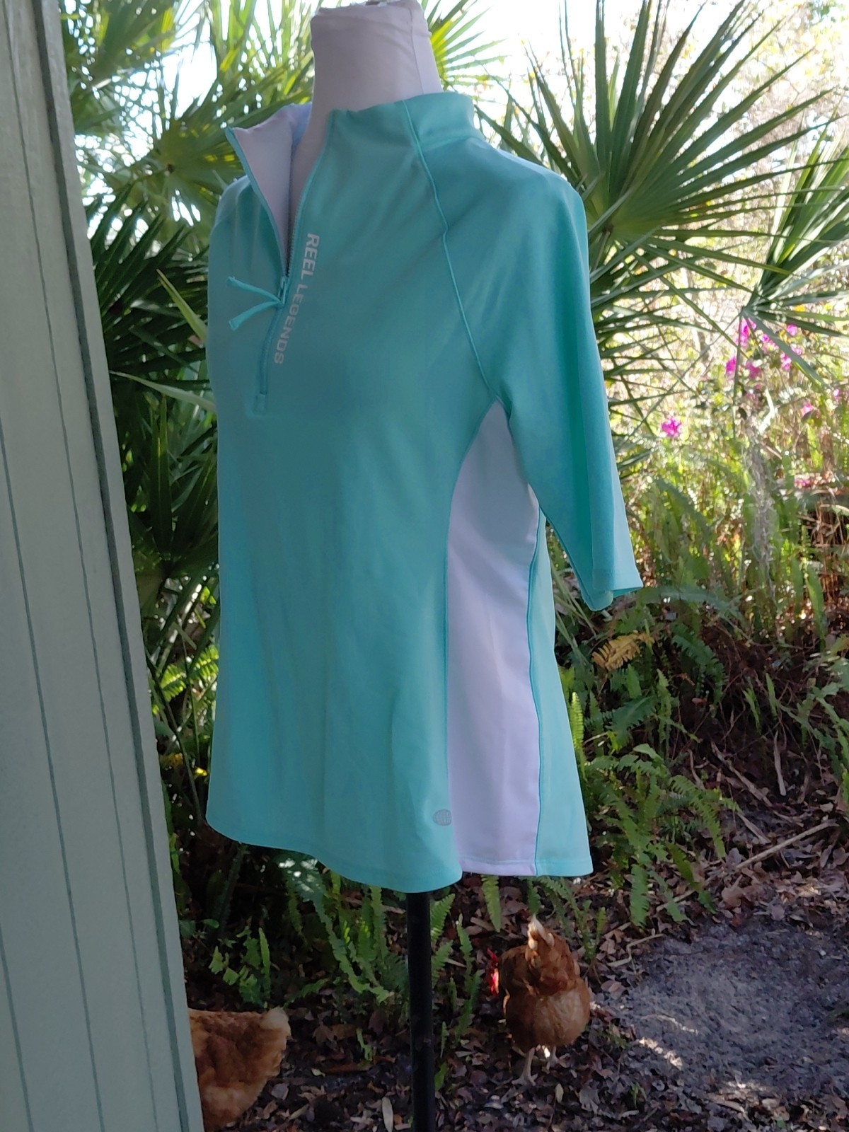 Reel Legends Performance Rash Guard Top Sz L Aqua Blue 1/4 Zip Front Fish Swim