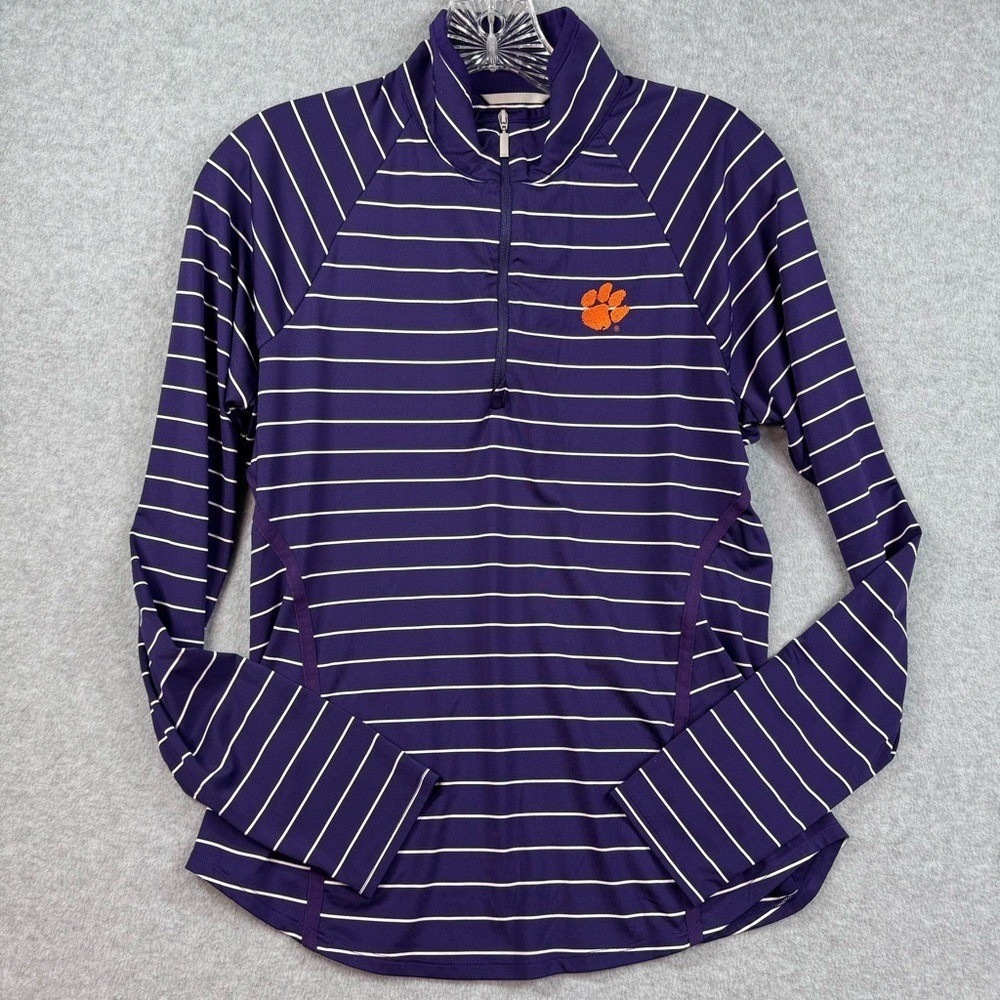 Cutter & Buck Clemson Tigers DryTech 50+ Purple Striped Quarter Zip Mock Neck S