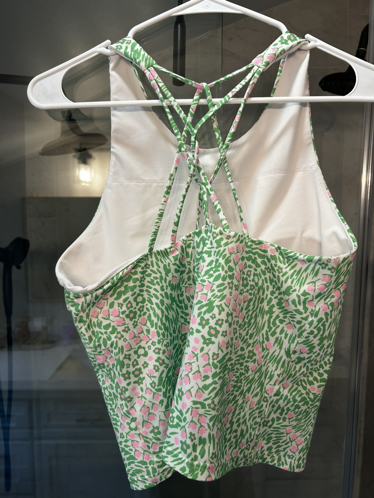 Fabletics Green Pink Floral Leopard Strappy Back Shelf Bra Tank Top Womens