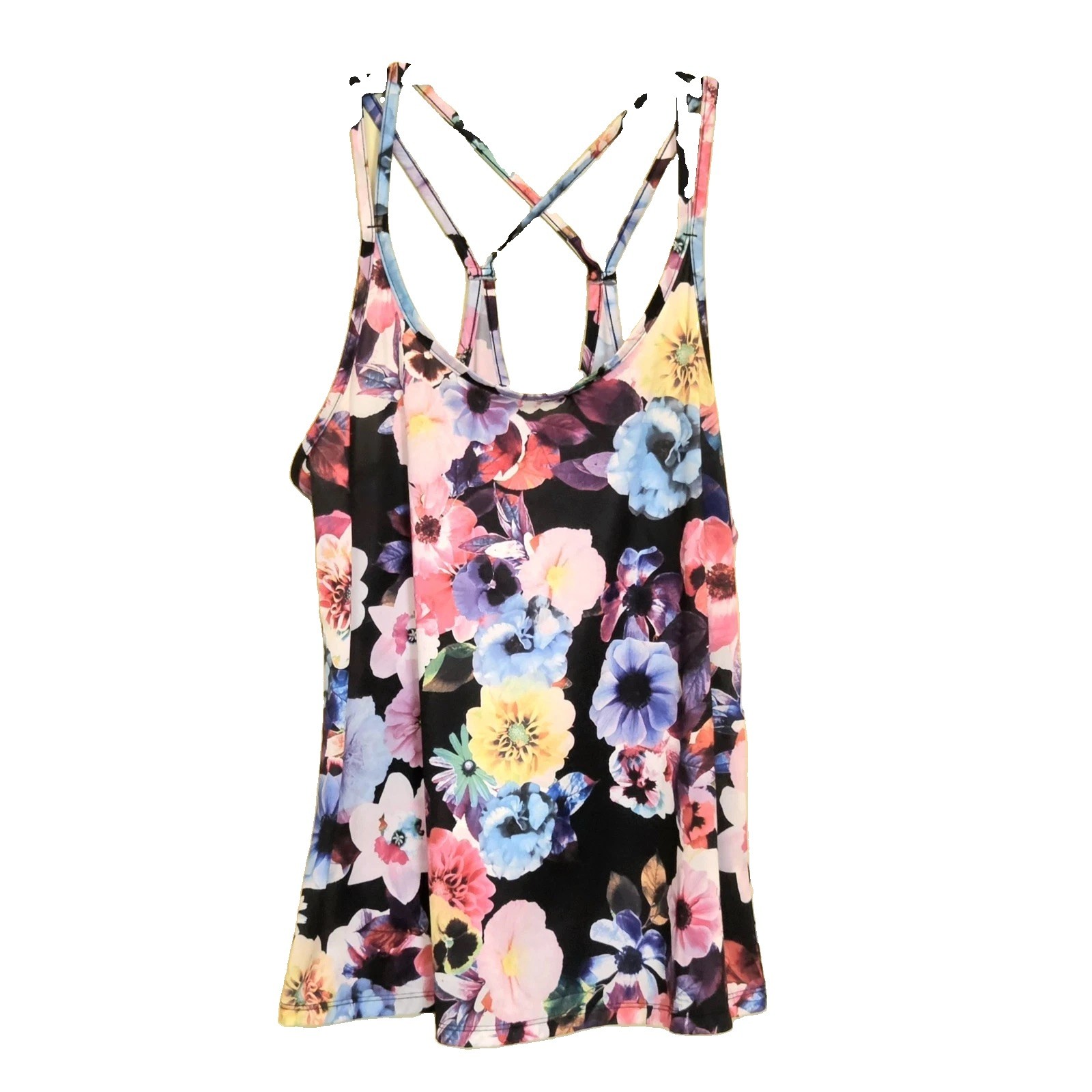 Old Navy Active Go-Dry Floral Strappy Tank Top Black Multi Tropical Womens M EUC