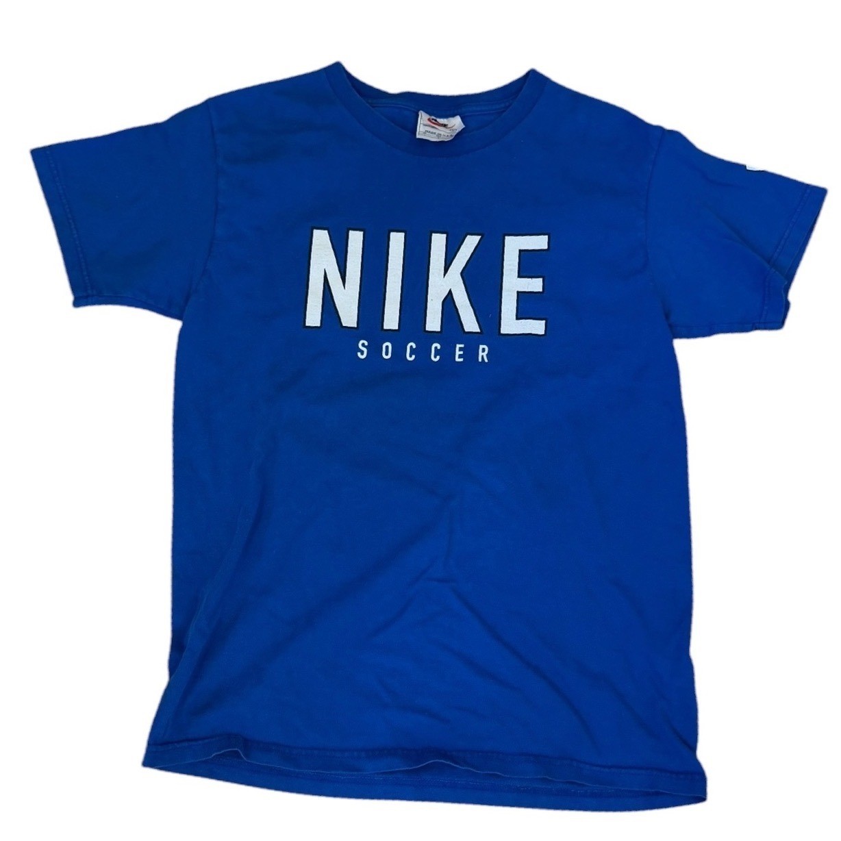 Vtg 90s Nike Soccer Graphic T-Shirt Womens Blue Made in USA Short Sleeve sz L