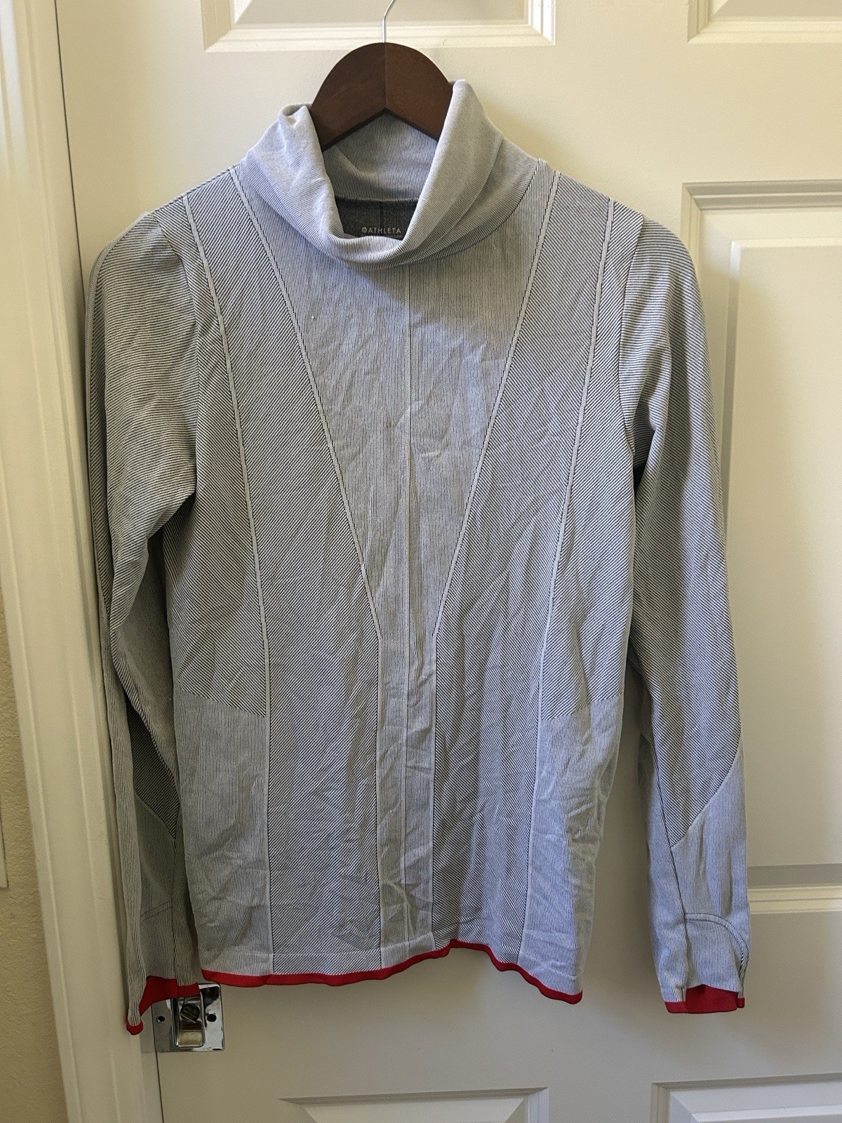 Athleta Striped Pullover Top Gray/Red Cowl Neck Long Sleeve M Stretch Knit
