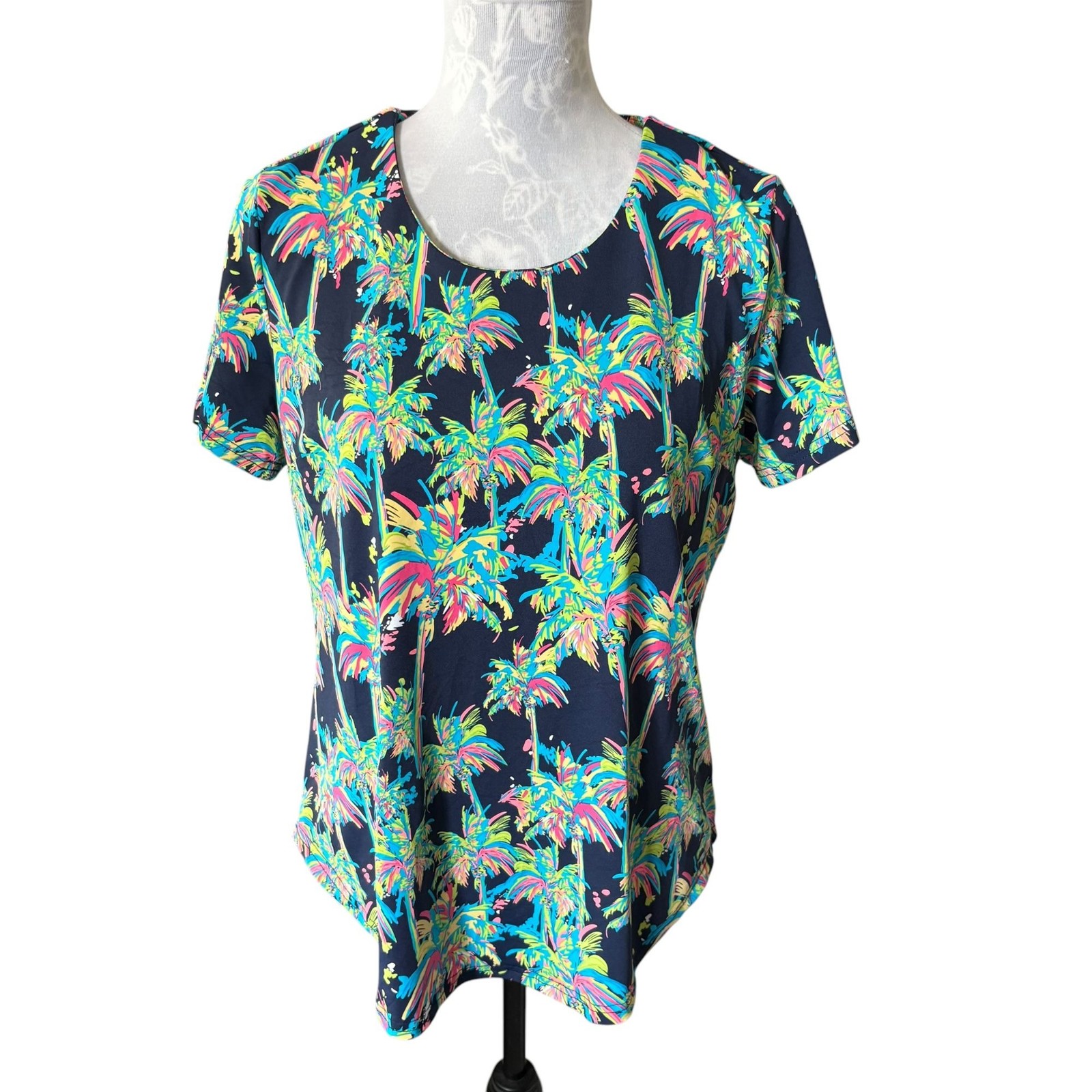Lulu-B Womens UPF 50+ Colorful Plam Tree Print Short Sleeve Top Golf Medium