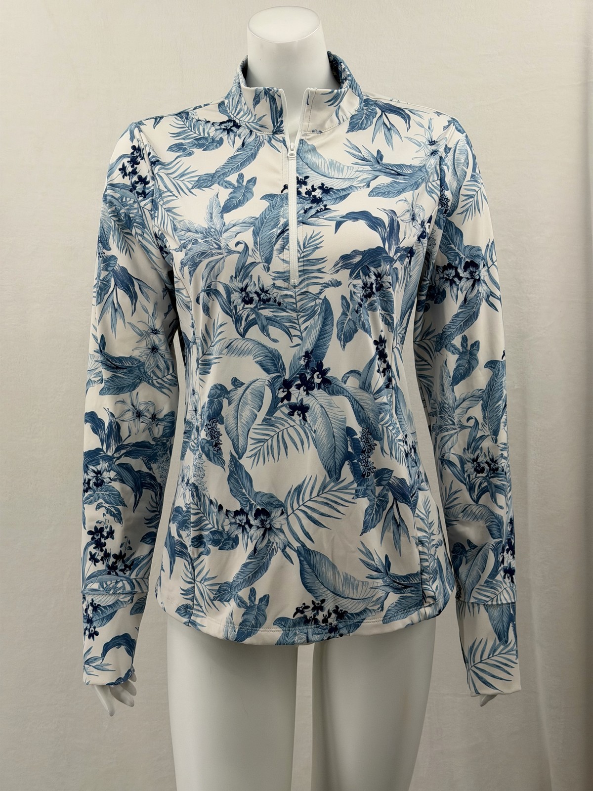 Tommy Bahama Top Womens Large White Blue 1/4 Zip Tropical Floral Golf Activewear