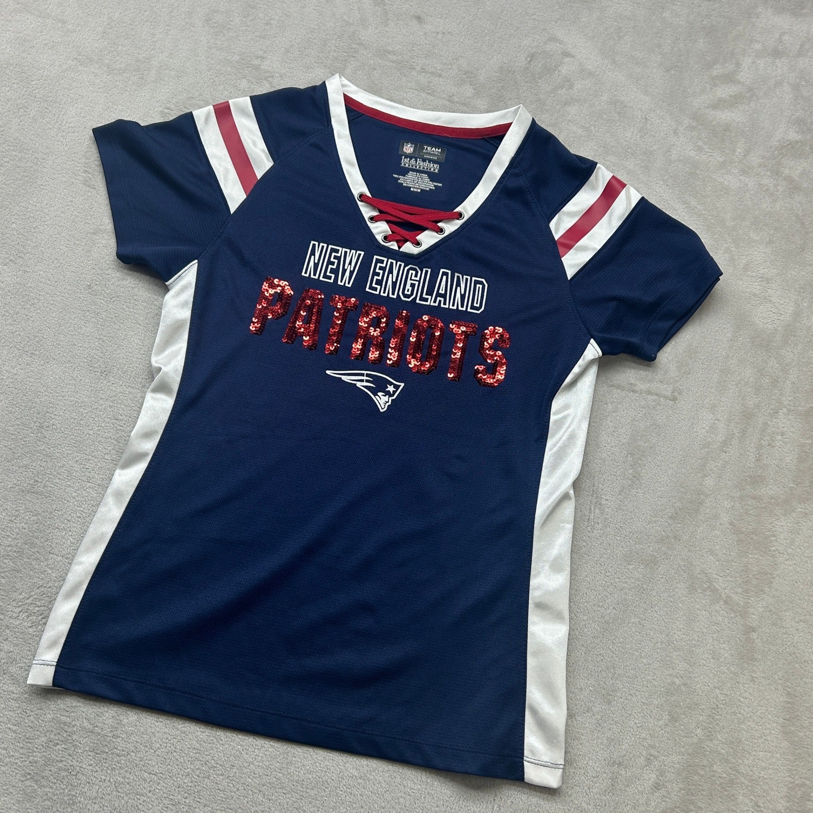 New England Patriots NFL Team Apparel Jersey Women’s Medium Blue Sequin Lace Up