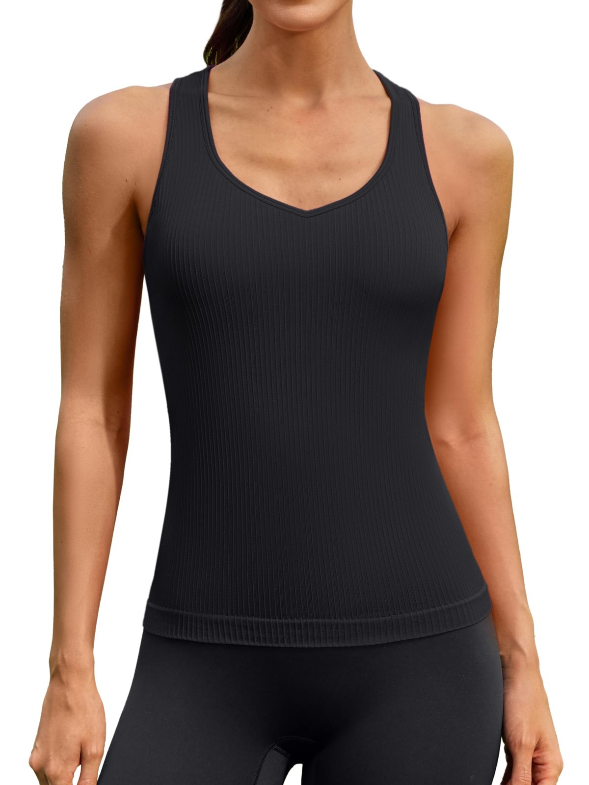 Ribflex Sports Bra Tank Top Yoga Built-in Bra Top Workout Tank Hip Length Ath…