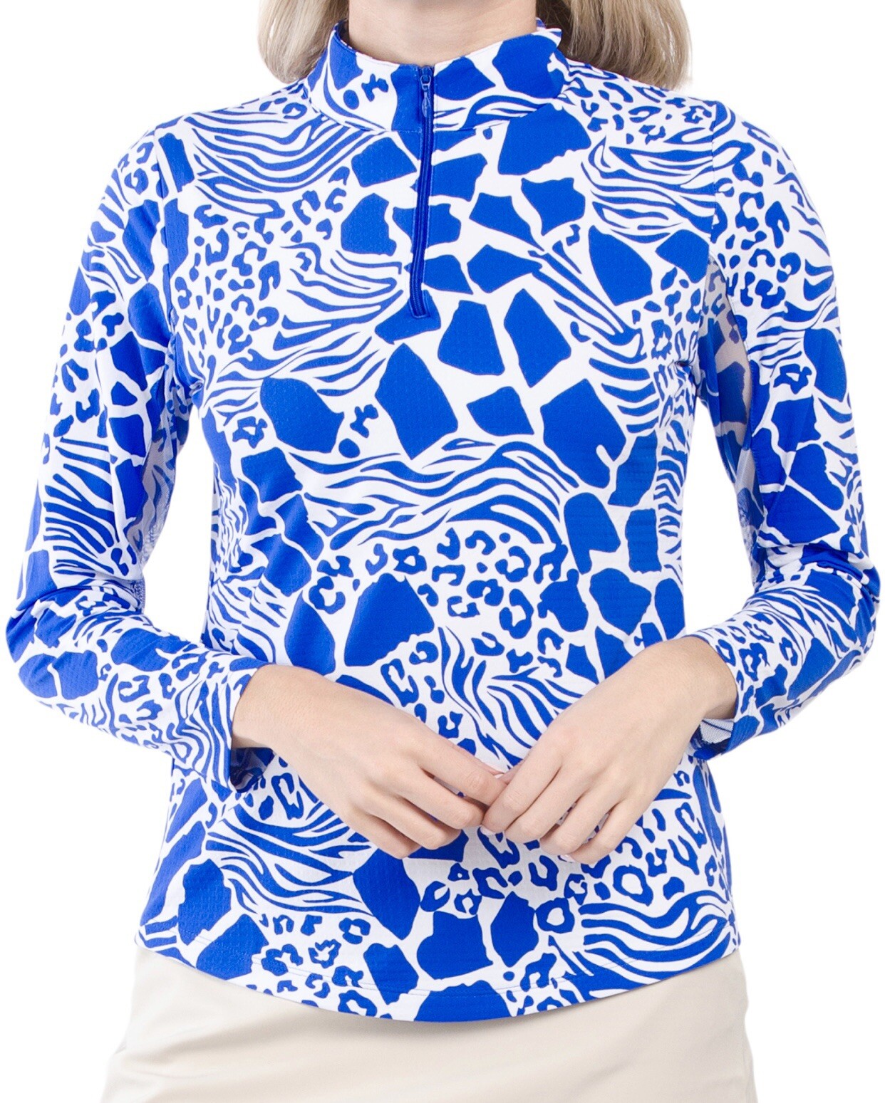 IBKUL Icefil Mock Neck Long Sleeve Top UPF50 XL Bianca Blue White Animal Print